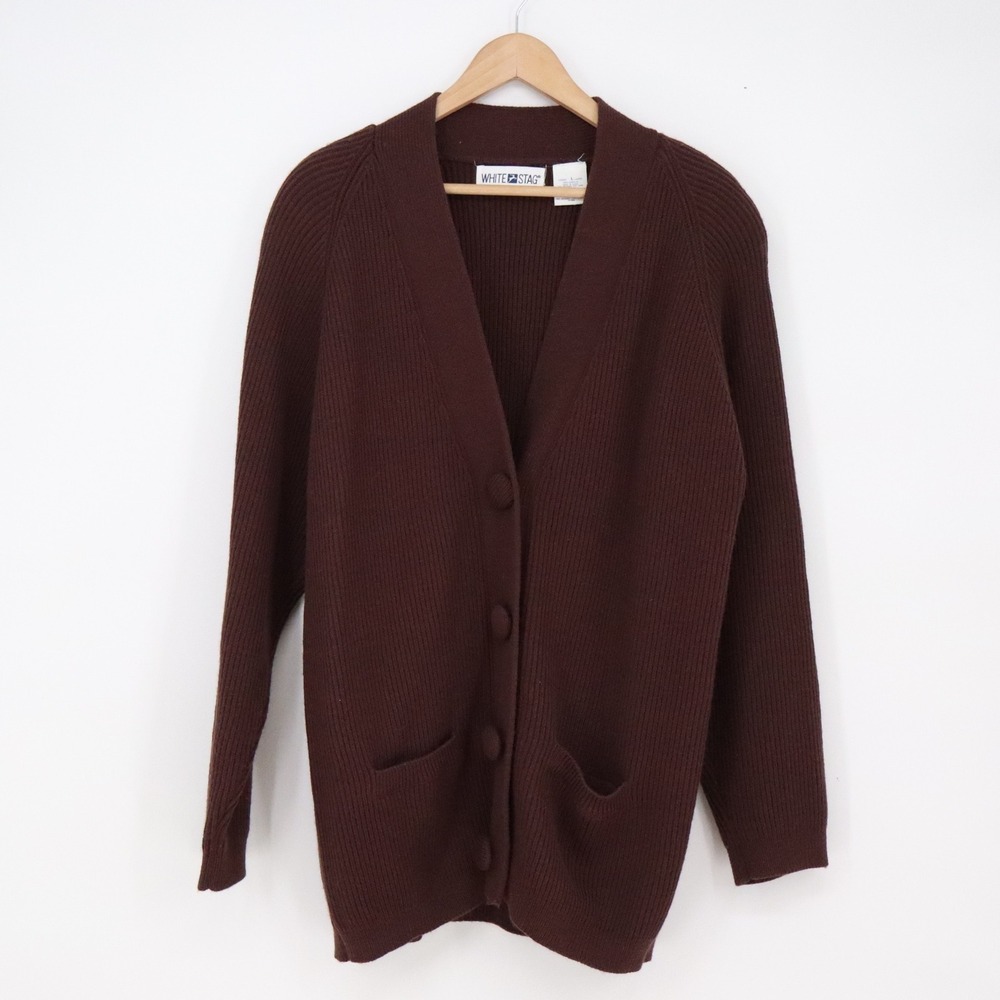 White Stag Cardigan Women L Ribbed Knit Brown Button-Down Pockets Excellent